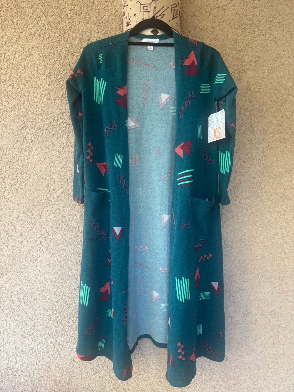 Lularoe teal open front longline cardigan red mint geometric print size xs